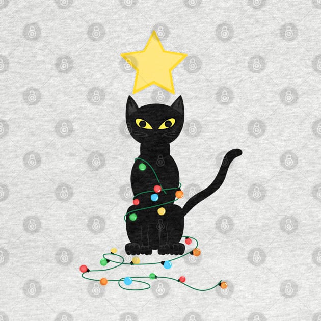 Black Santa Cat Tangled Up In Lights Christmas Santa Illustration by JOB_ART